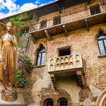 A collage of photos of a bronze statue of Juliet and a balcony juliet Verona Italy