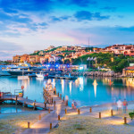 View of harbor and village Porto Cervo, Sardinia island, Italy