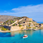 Aerial view of the island of Spinalonga, gulf of Elounda, Crete, Greece.