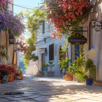 A charming narrow street in bosa town, italy, adorned with colorful buildings, greenery, and cobblestones under a clear blue sky. AI generated illustration.